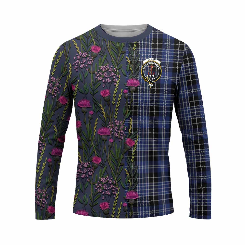 Clark (Clarke) Family Crest Tartan Long Sleeve T-Shirt Scottish Thistle Flower Pattern Half Style - Tartan Vibes Clothing