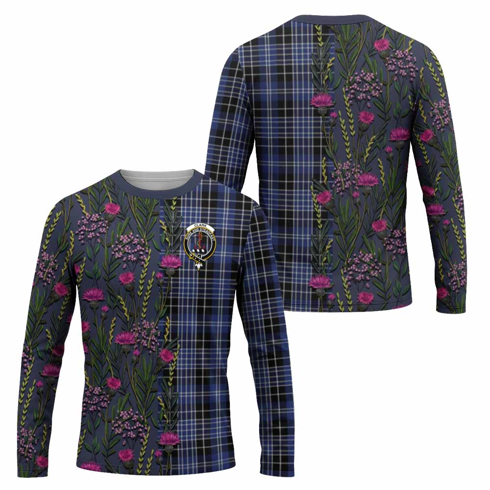 Clark (Clarke) Family Crest Tartan Long Sleeve T-Shirt Scottish Thistle Flower Pattern Half Style - Tartan Vibes Clothing