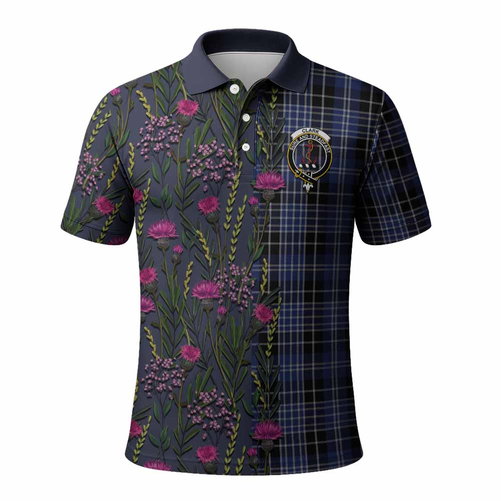 Clark (Clarke) Family Crest Tartan Polo Shirt Scottish Thistle Flower Pattern Half Style - Tartan Vibes Clothing