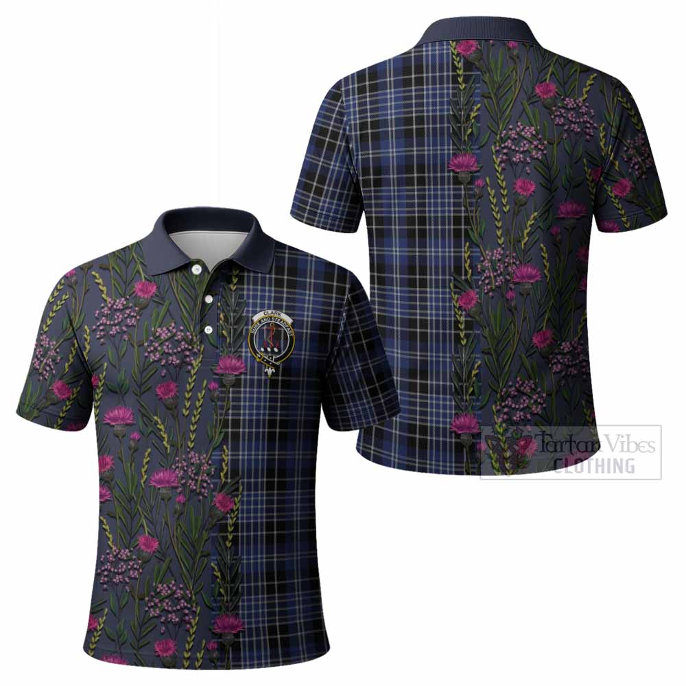 Clark (Clarke) Family Crest Tartan Polo Shirt Scottish Thistle Flower Pattern Half Style - Tartan Vibes Clothing