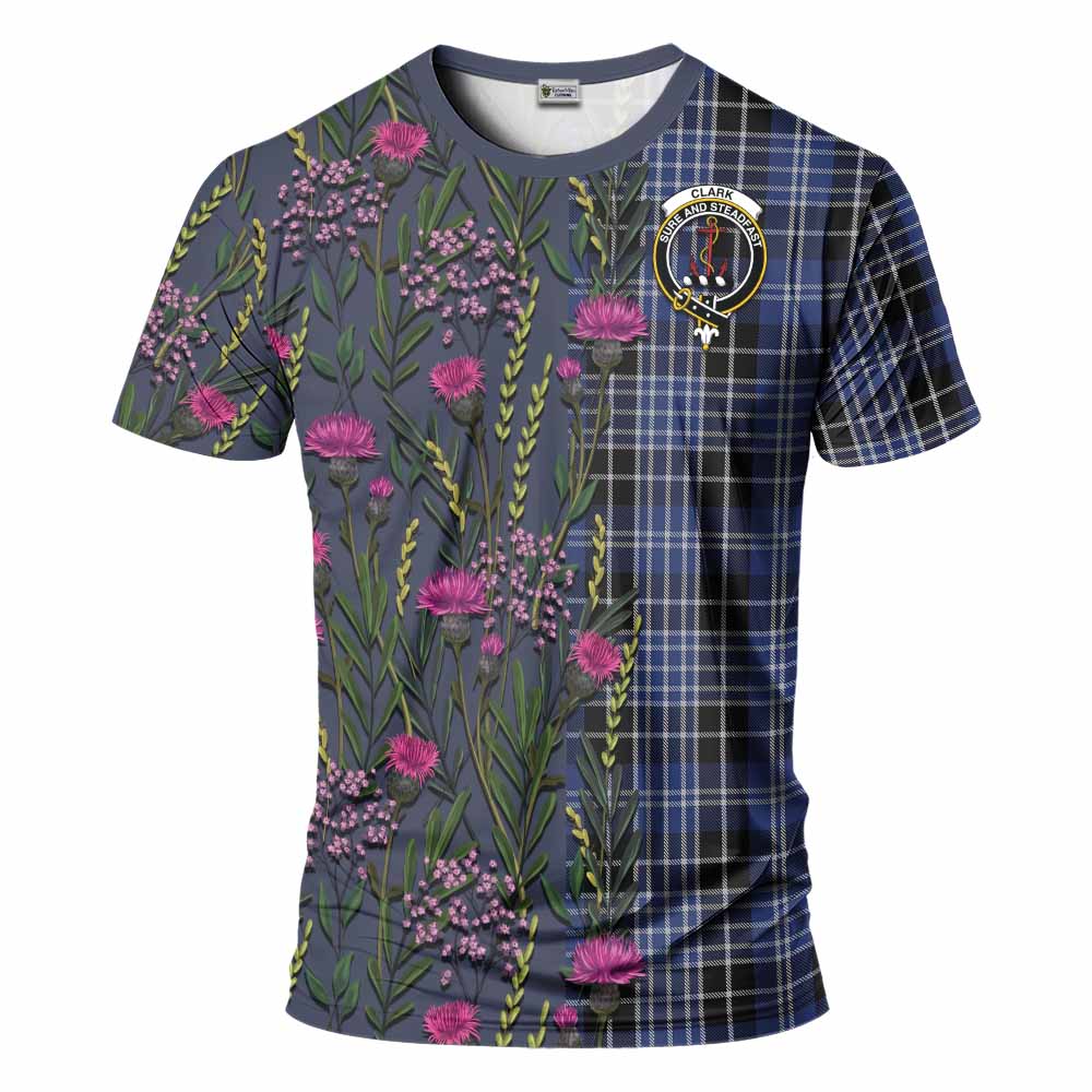 Clark (Clarke) Family Crest Tartan T-Shirt Scottish Thistle Flower Pattern Half Style - Tartan Vibes Clothing