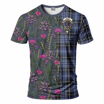 Clark (Clarke) Family Crest Tartan T-Shirt Scottish Thistle Flower Pattern Half Style - Tartan Vibes Clothing
