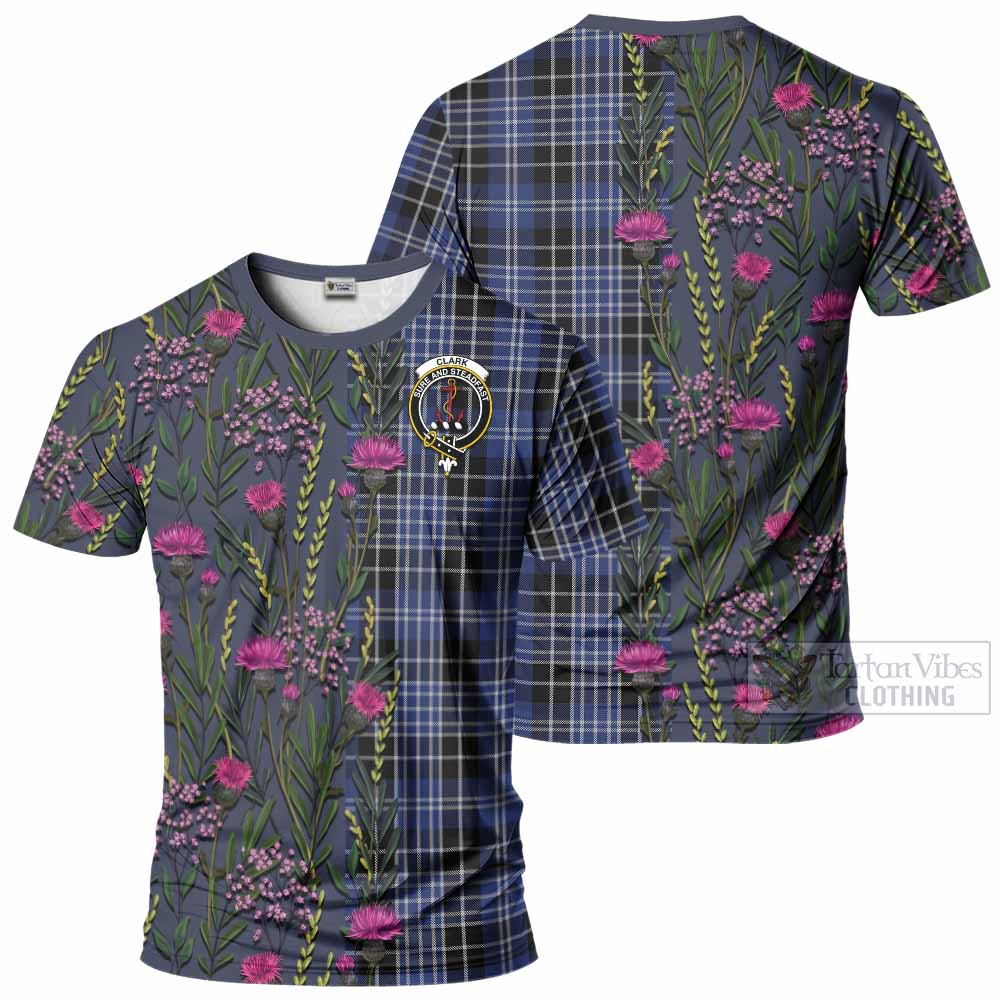Clark (Clarke) Family Crest Tartan T-Shirt Scottish Thistle Flower Pattern Half Style - Tartan Vibes Clothing