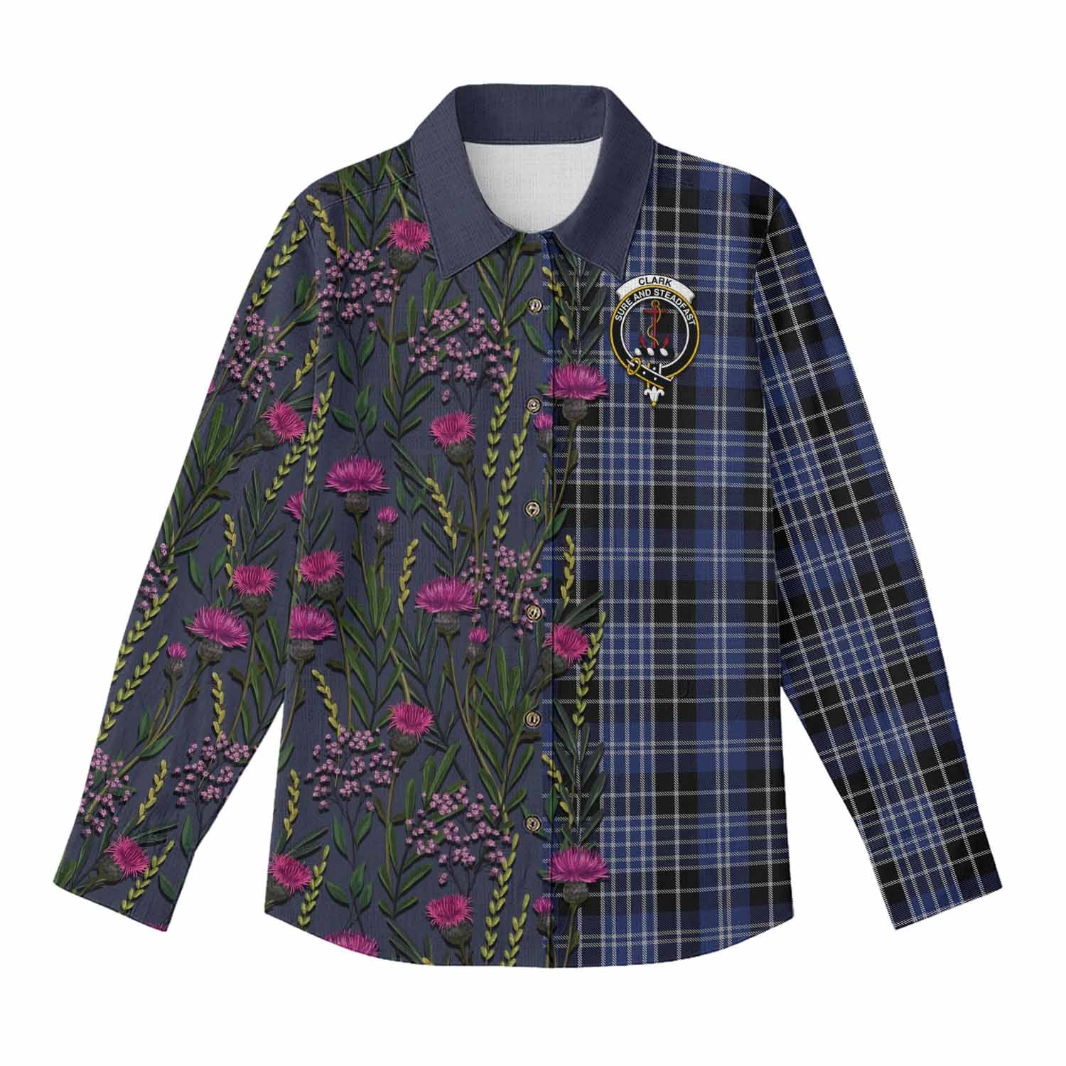 Clark (Clarke) Family Crest Tartan Women Casual Shirt Scottish Thistle Flower Pattern Half Style - Tartan Vibes Clothing