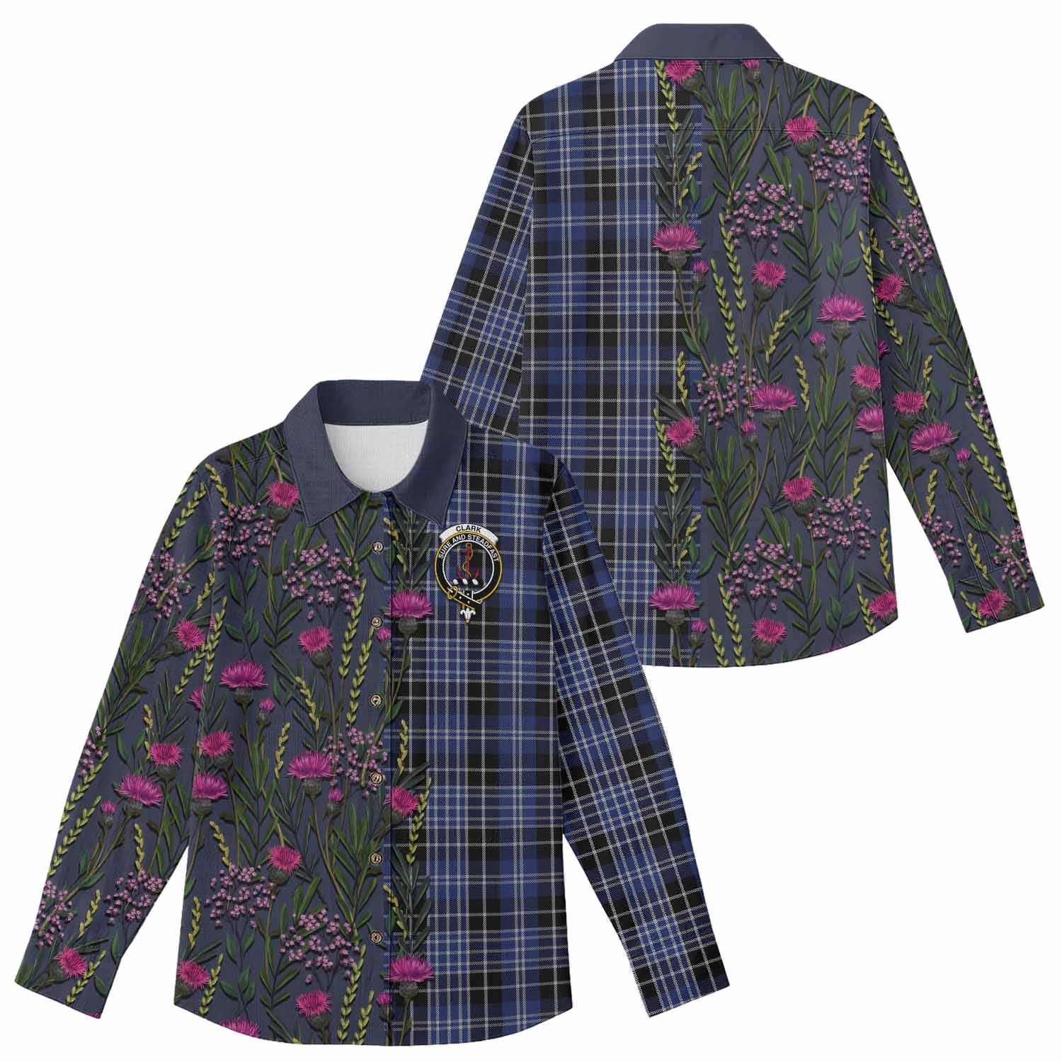 Clark (Clarke) Family Crest Tartan Women Casual Shirt Scottish Thistle Flower Pattern Half Style - Tartan Vibes Clothing