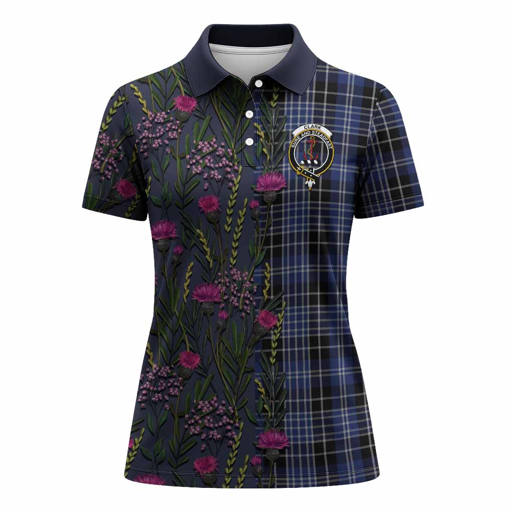 Clark (Clarke) Family Crest Tartan Women Polo Shirt Scottish Thistle Flower Pattern Half Style - Tartan Vibes Clothing