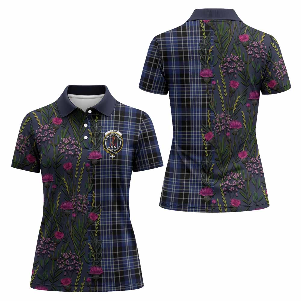 Clark (Clarke) Family Crest Tartan Women Polo Shirt Scottish Thistle Flower Pattern Half Style - Tartan Vibes Clothing