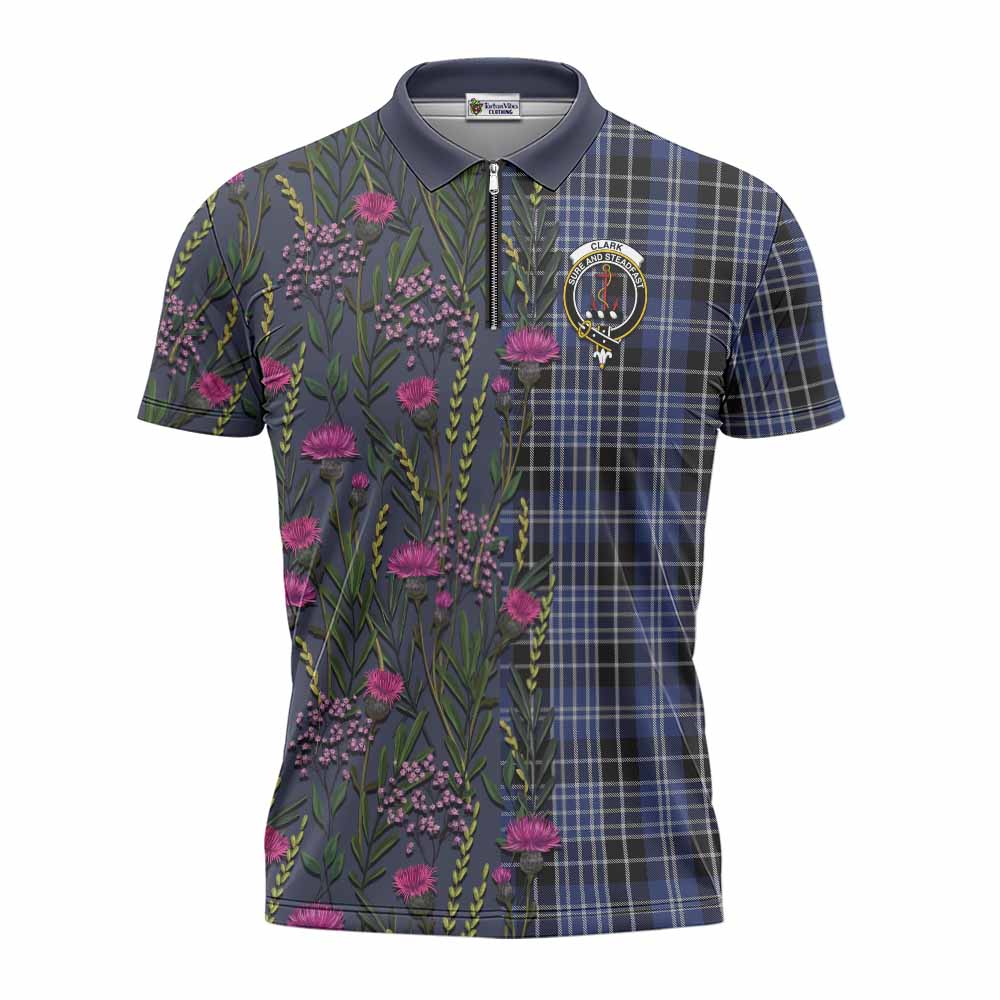 Clark (Clarke) Family Crest Tartan Zipper Polo Shirt Scottish Thistle Flower Pattern Half Style - Tartan Vibes Clothing