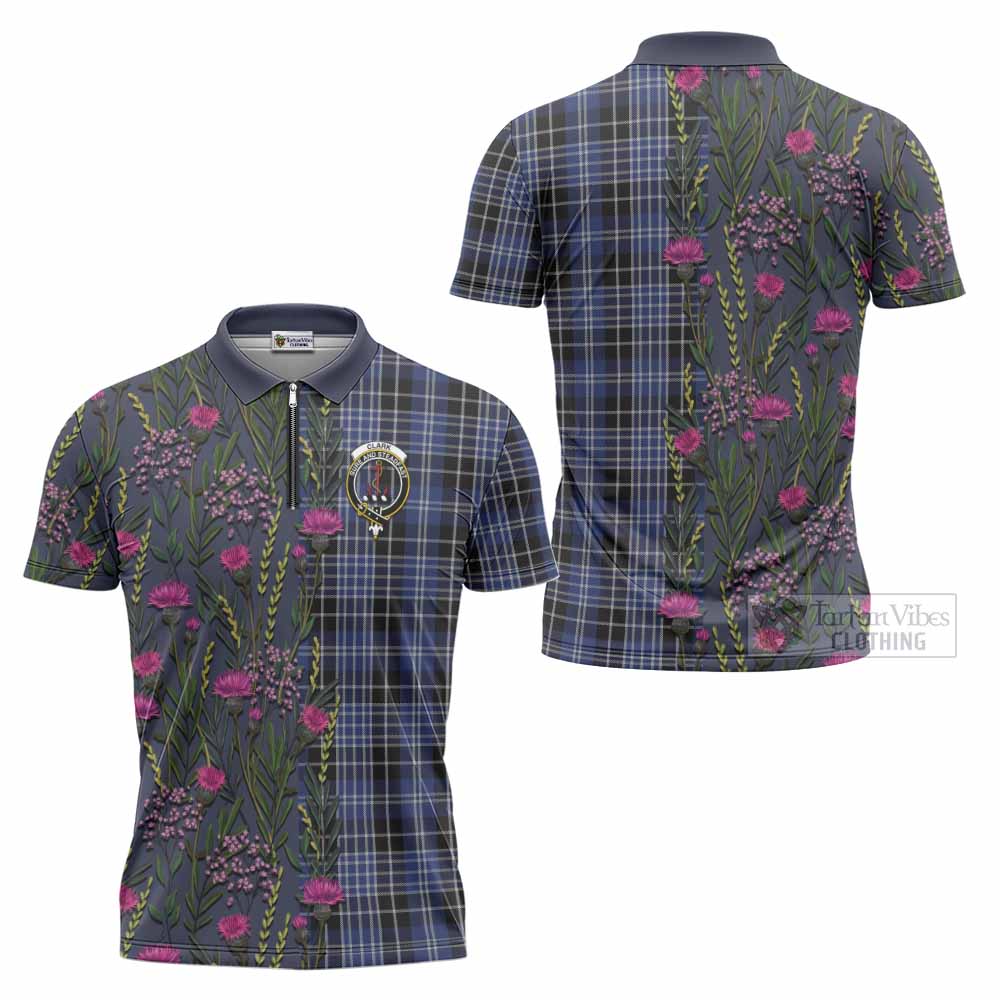 Clark (Clarke) Family Crest Tartan Zipper Polo Shirt Scottish Thistle Flower Pattern Half Style - Tartan Vibes Clothing