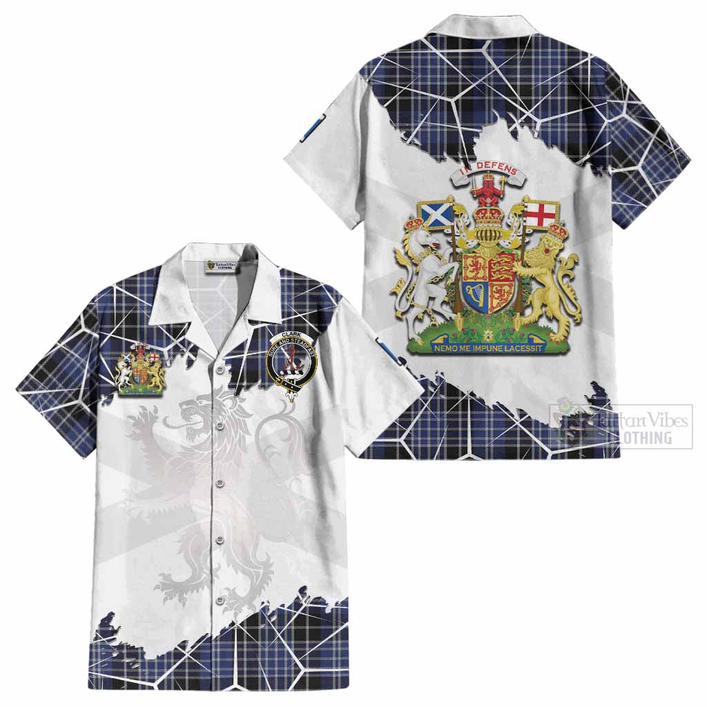 Clark (Clarke) Tartan Cotton Hawaiian Shirt with Family Crest and Lion Rampant Grunge Style