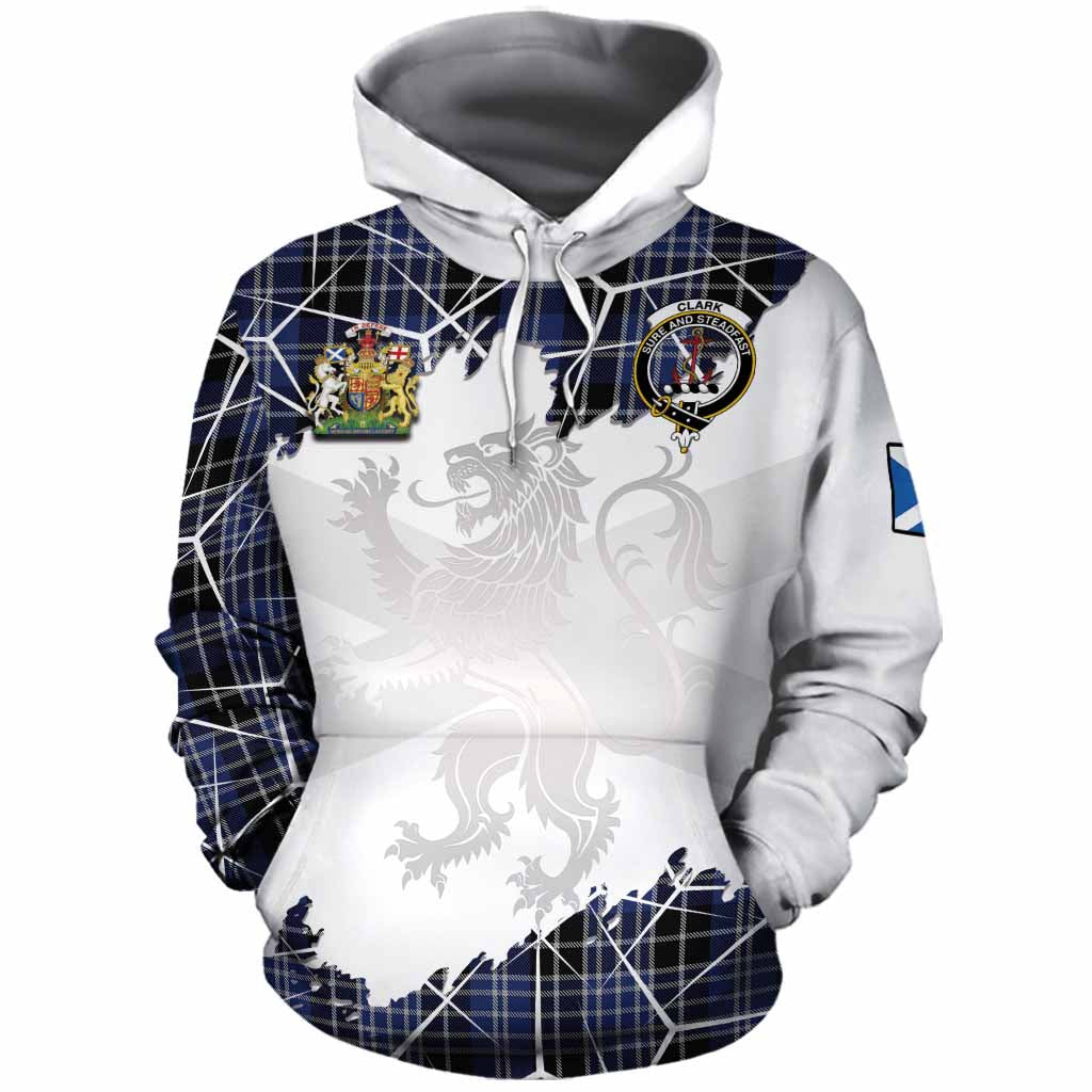 Clark (Clarke) Tartan Cotton Hoodie with Family Crest and Lion Rampant Grunge Style