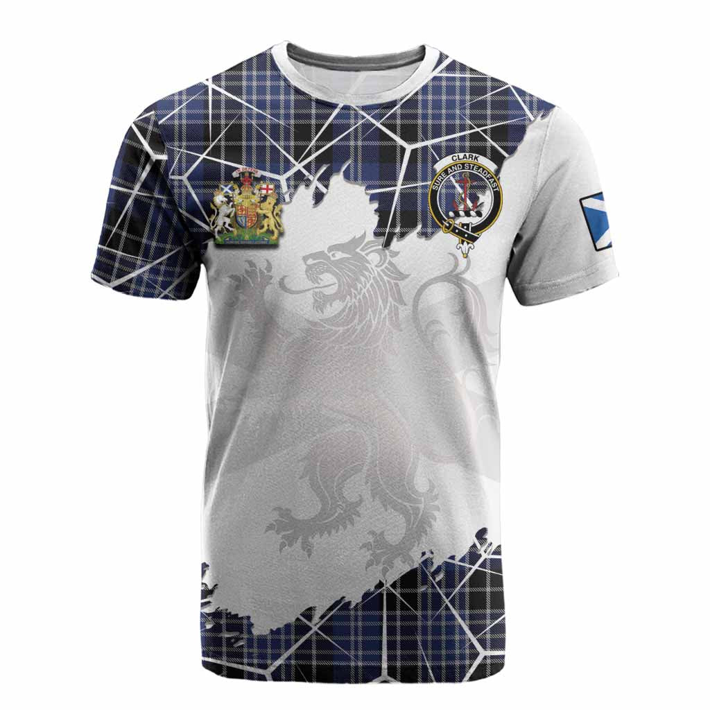 Clark (Clarke) Tartan Cotton T-shirt with Family Crest and Lion Rampant Grunge Style