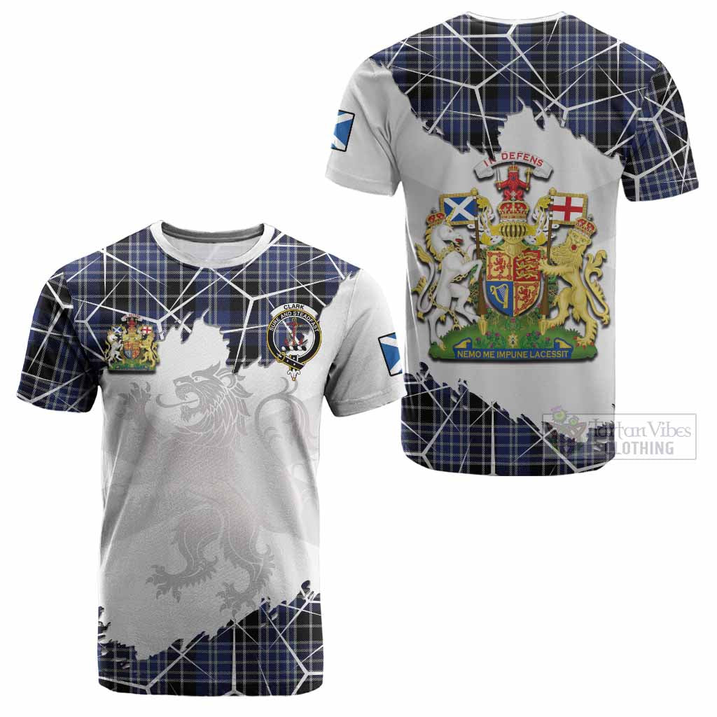 Clark (Clarke) Tartan Cotton T-shirt with Family Crest and Lion Rampant Grunge Style