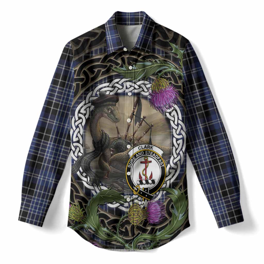 Clark (Clarke) Tartan Crest Bagpipe Nessie Women Casual Shirt Scottish Loch Ness Monster Celtic Thistle