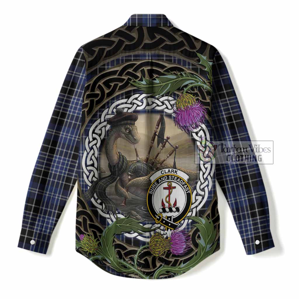 Clark (Clarke) Tartan Crest Bagpipe Nessie Women Casual Shirt Scottish Loch Ness Monster Celtic Thistle