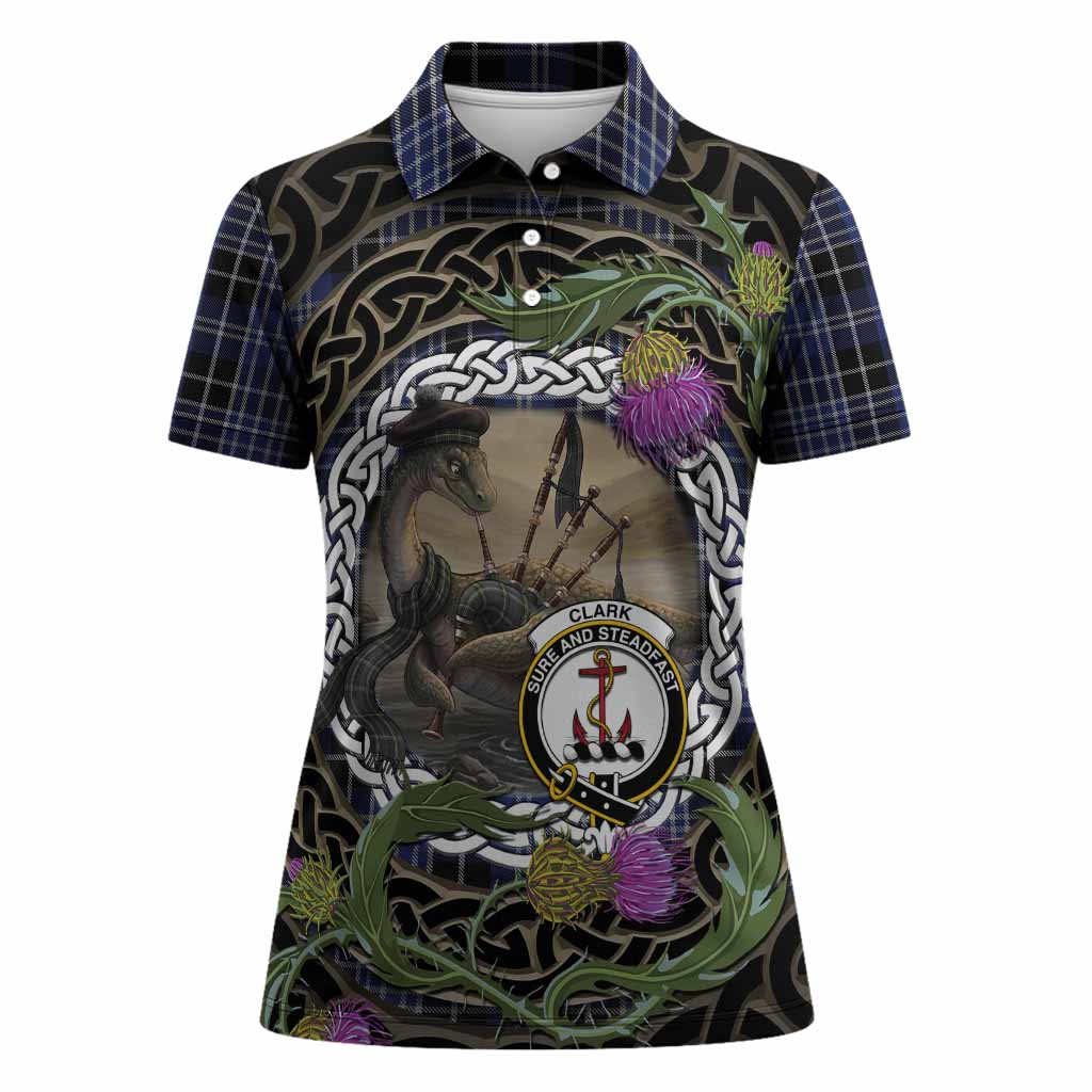 Clark (Clarke) Tartan Crest Bagpipe Nessie Women Polo Shirt Scottish Loch Ness Monster Celtic Thistle