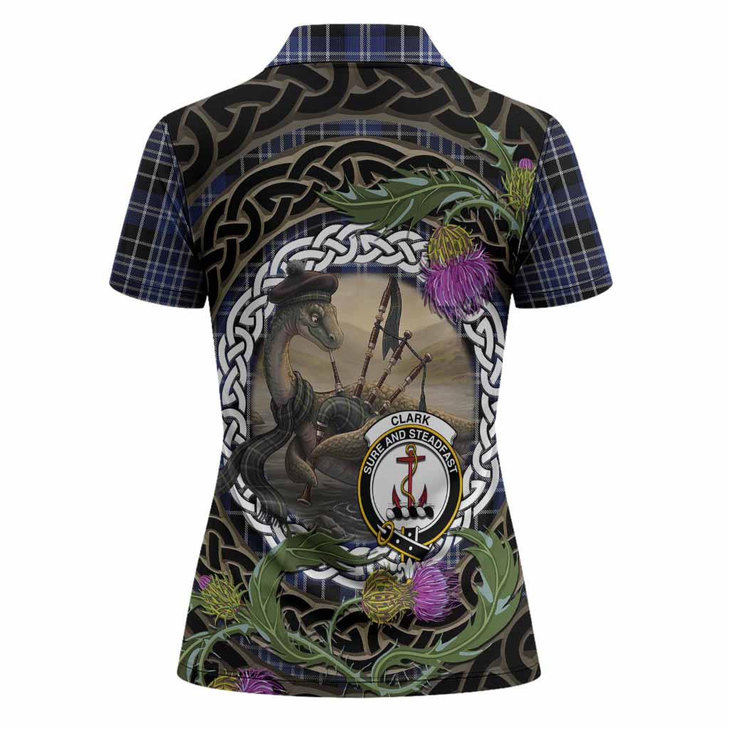 Clark (Clarke) Tartan Crest Bagpipe Nessie Women Polo Shirt Scottish Loch Ness Monster Celtic Thistle