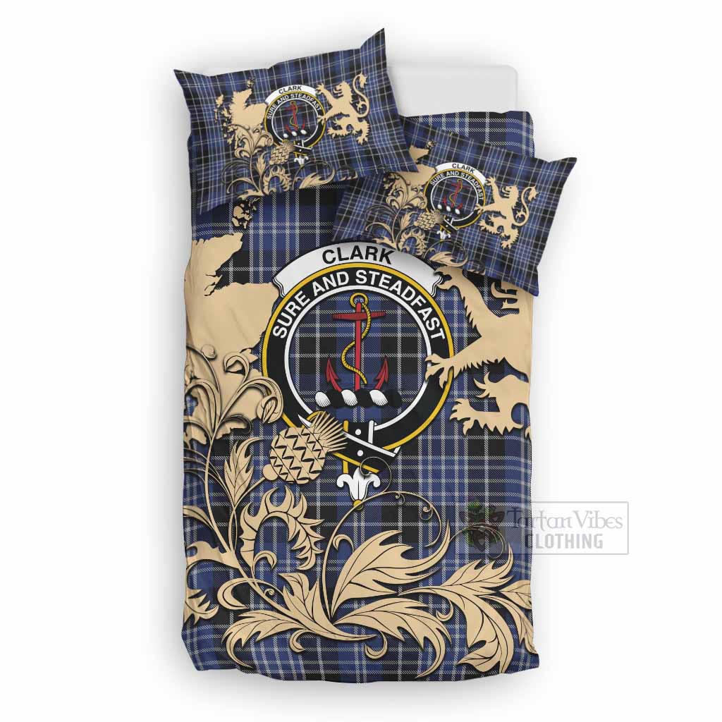 Clark (Clarke) Tartan Crest Bedding Set with Scottish Iconic Symbols 