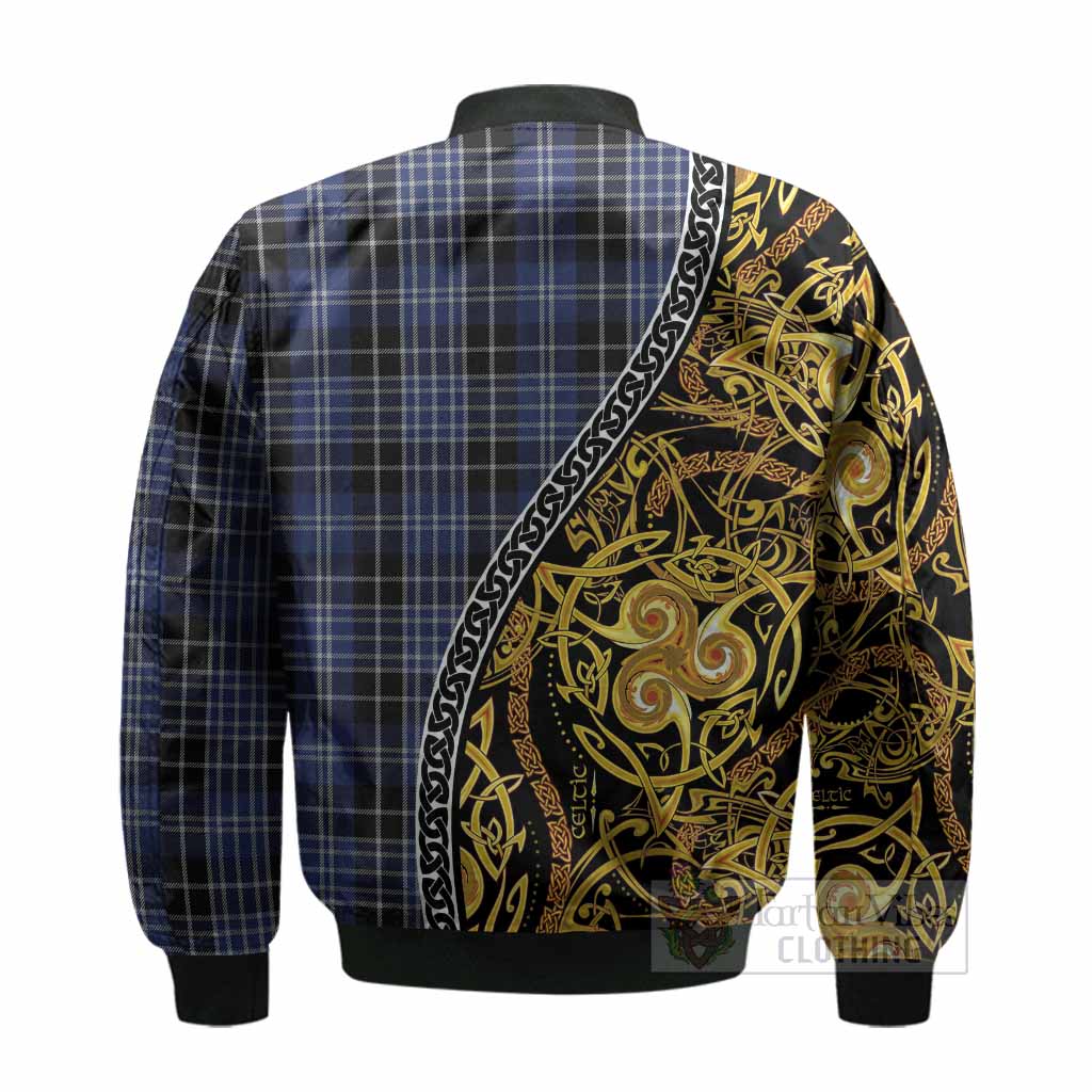 Clark (Clarke) Tartan Crest Bomber Jacket Celtic Knot and Triple Trickle Spiral Symbols