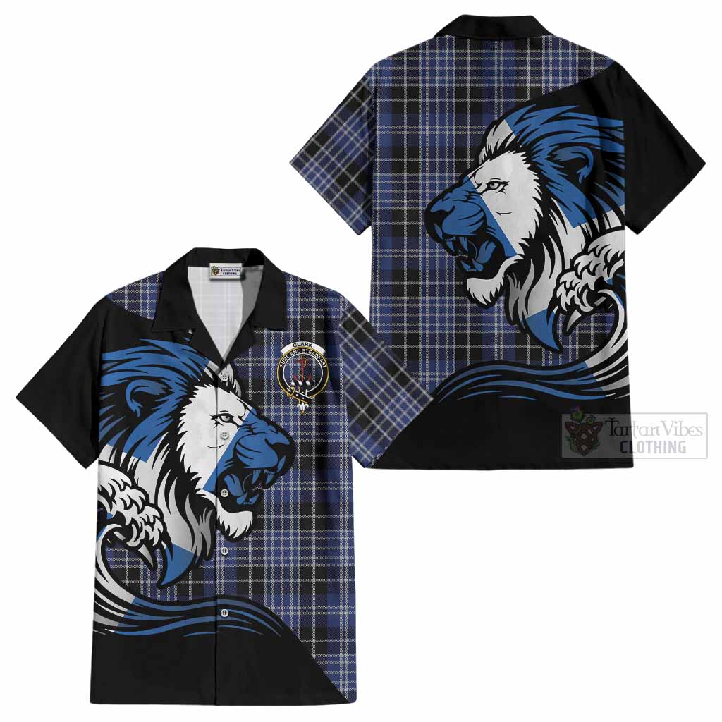Clark (Clarke) Tartan Crest Cotton Hawaiian Shirt Scottish Golden Lions Wave Flow