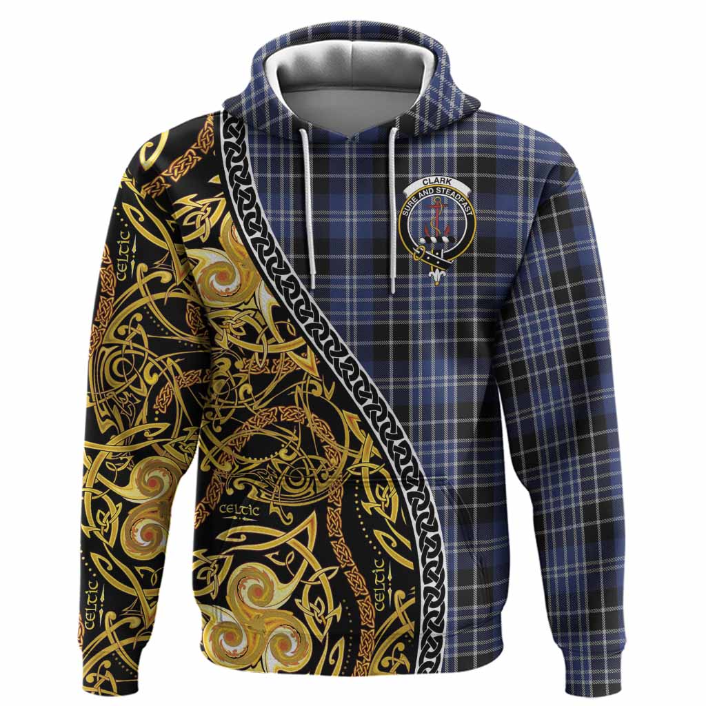 Clark (Clarke) Tartan Crest Hoodie Celtic Knot and Triple Trickle Spiral Symbols