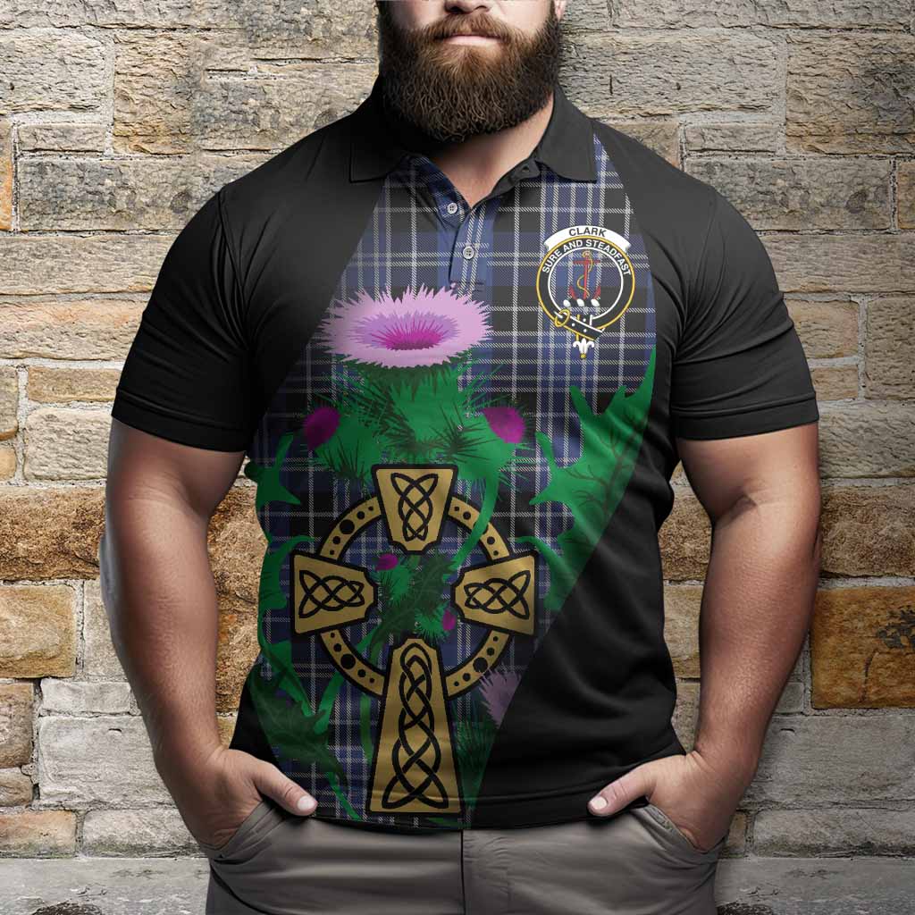 Clark (Clarke) Tartan Crest Polo Shirt Celtic Cross Thistle Flowers