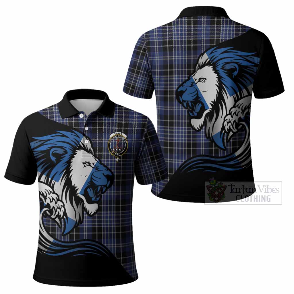 Clark (Clarke) Tartan Crest Polo Shirt Scottish Golden Lions Wave Flow