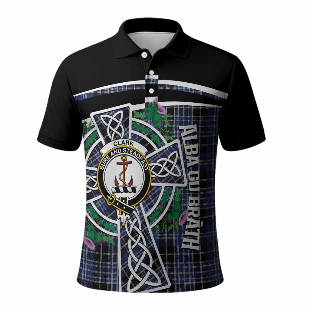 Clark (Clarke) Tartan Crest Polo Shirt Scottish Thistle Celtic Cross Alba Gu Brath