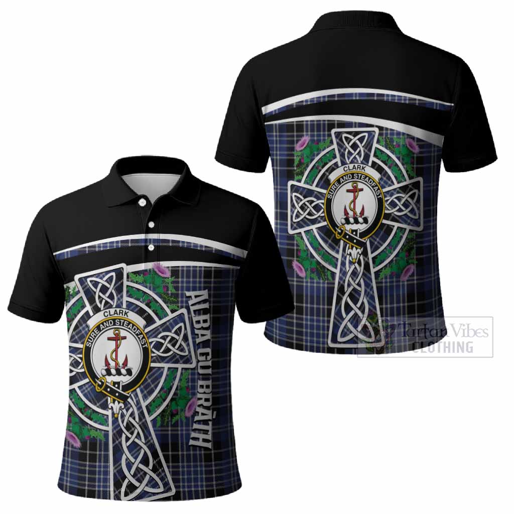 Clark (Clarke) Tartan Crest Polo Shirt Scottish Thistle Celtic Cross Alba Gu Brath