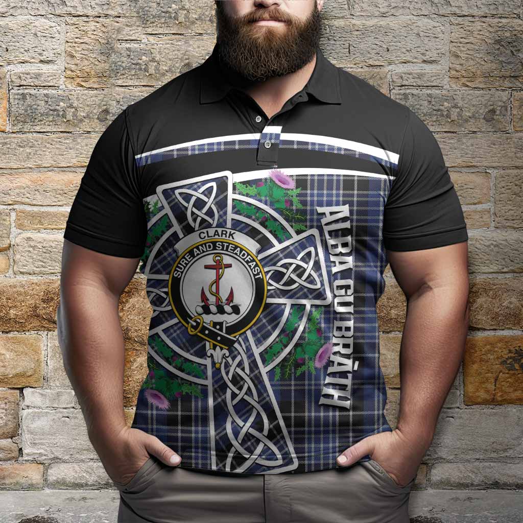 Clark (Clarke) Tartan Crest Polo Shirt Scottish Thistle Celtic Cross Alba Gu Brath