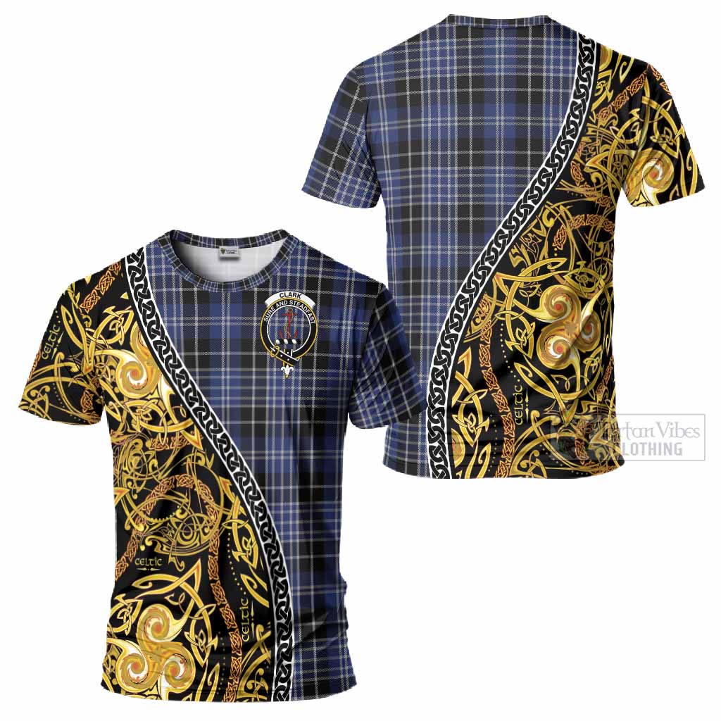 Clark (Clarke) Tartan Crest T-Shirt Celtic Knot and Triple Trickle Spiral Symbols