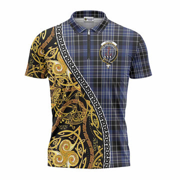 Clark (Clarke) Tartan Crest Zipper Polo Shirt Celtic Knot and Triple Trickle Spiral Symbols