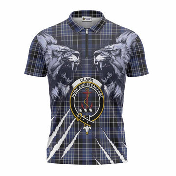 Clark (Clarke) Tartan Crest Zipper Polo Shirt Ferocious Lion Style