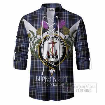 Clark (Clarke) Tartan Family Crest Ghillie Shirt Scottish Burns Night Thistle Floral