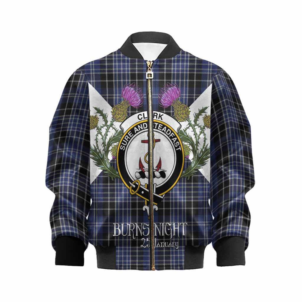 Clark (Clarke) Tartan Family Crest Kid Bomber Jacket Scottish Burns Night Thistle Floral
