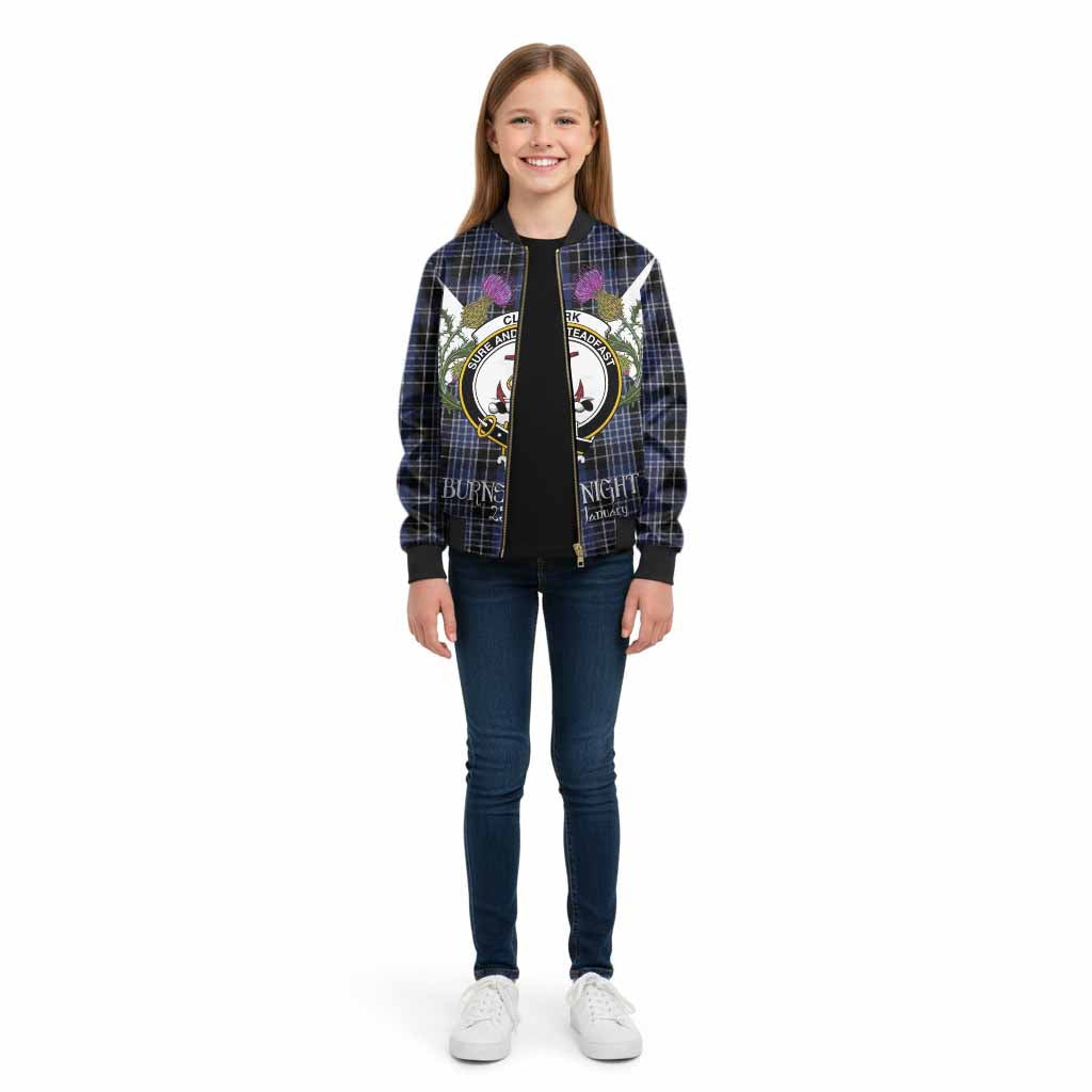 Clark (Clarke) Tartan Family Crest Kid Bomber Jacket Scottish Burns Night Thistle Floral