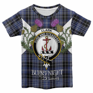 Clark (Clarke) Tartan Family Crest Kid T-shirt Scottish Burns Night Thistle Floral