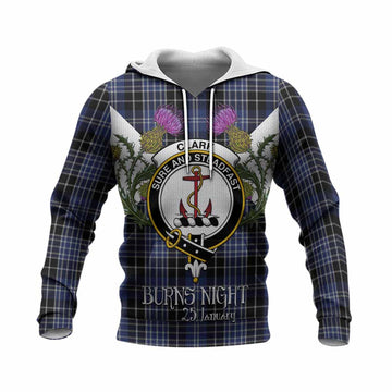 Clark (Clarke) Tartan Family Crest Knitted Hoodie Scottish Burns Night Thistle Floral