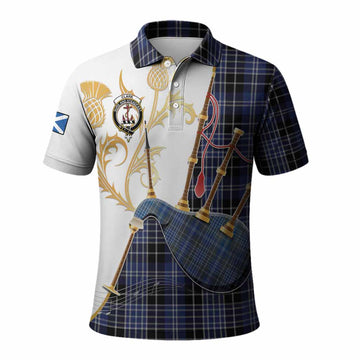 Clark (Clarke) Tartan Family Crest Polo Shirt Bagpipes with Scottish Thistle