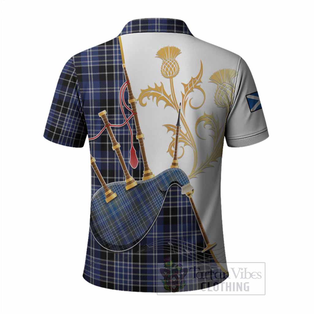 Clark (Clarke) Tartan Family Crest Polo Shirt Bagpipes with Scottish Thistle