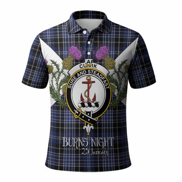 Clark (Clarke) Tartan Family Crest Polo Shirt Scottish Burns Night Thistle Floral