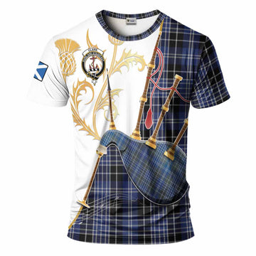 Clark (Clarke) Tartan Family Crest T-Shirt Bagpipes with Scottish Thistle