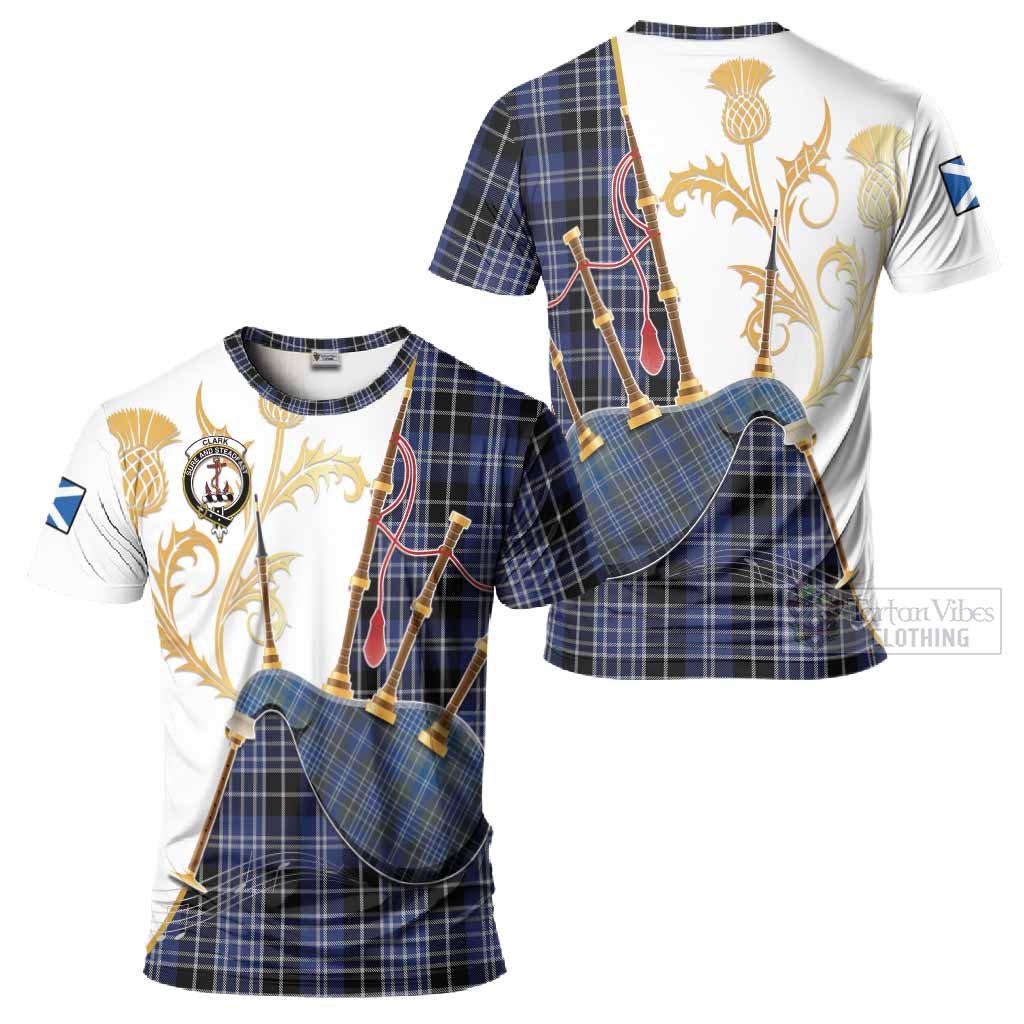 Clark (Clarke) Tartan Family Crest T-Shirt Bagpipes with Scottish Thistle