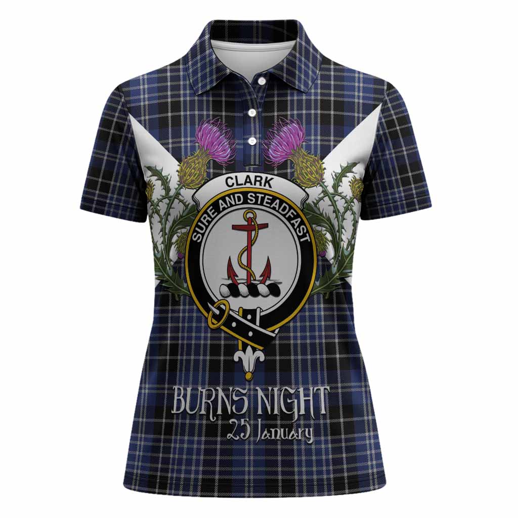 Clark (Clarke) Tartan Family Crest Women Polo Shirt Scottish Burns Night Thistle Floral