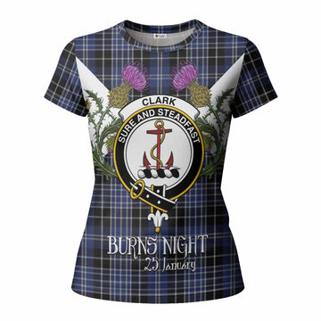 Clark (Clarke) Tartan Family Crest Women T shirt Scottish Burns Night Thistle Floral