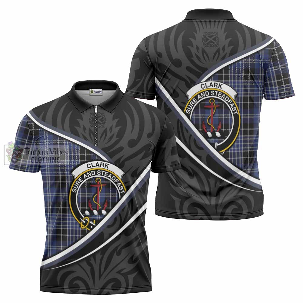 Clark (Clarke) Tartan Family Crest Zipper Polo Shirt Celtic Scottish Thistle Floral - Tartan Vibes Clothing