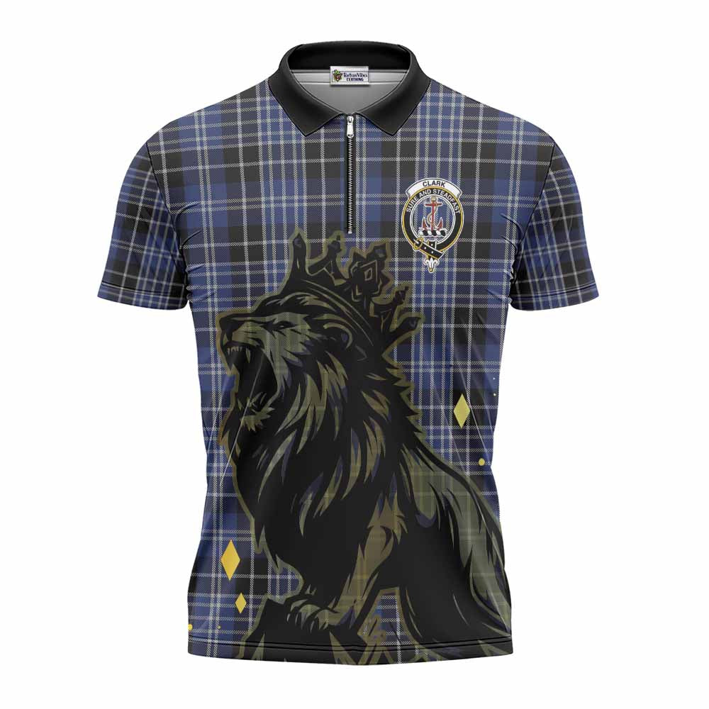 Clark (Clarke) Tartan Family Crest Zipper Polo Shirt Crowned Lion Roaring