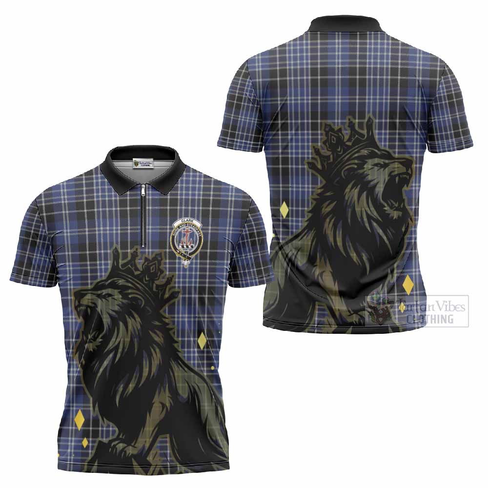 Clark (Clarke) Tartan Family Crest Zipper Polo Shirt Crowned Lion Roaring