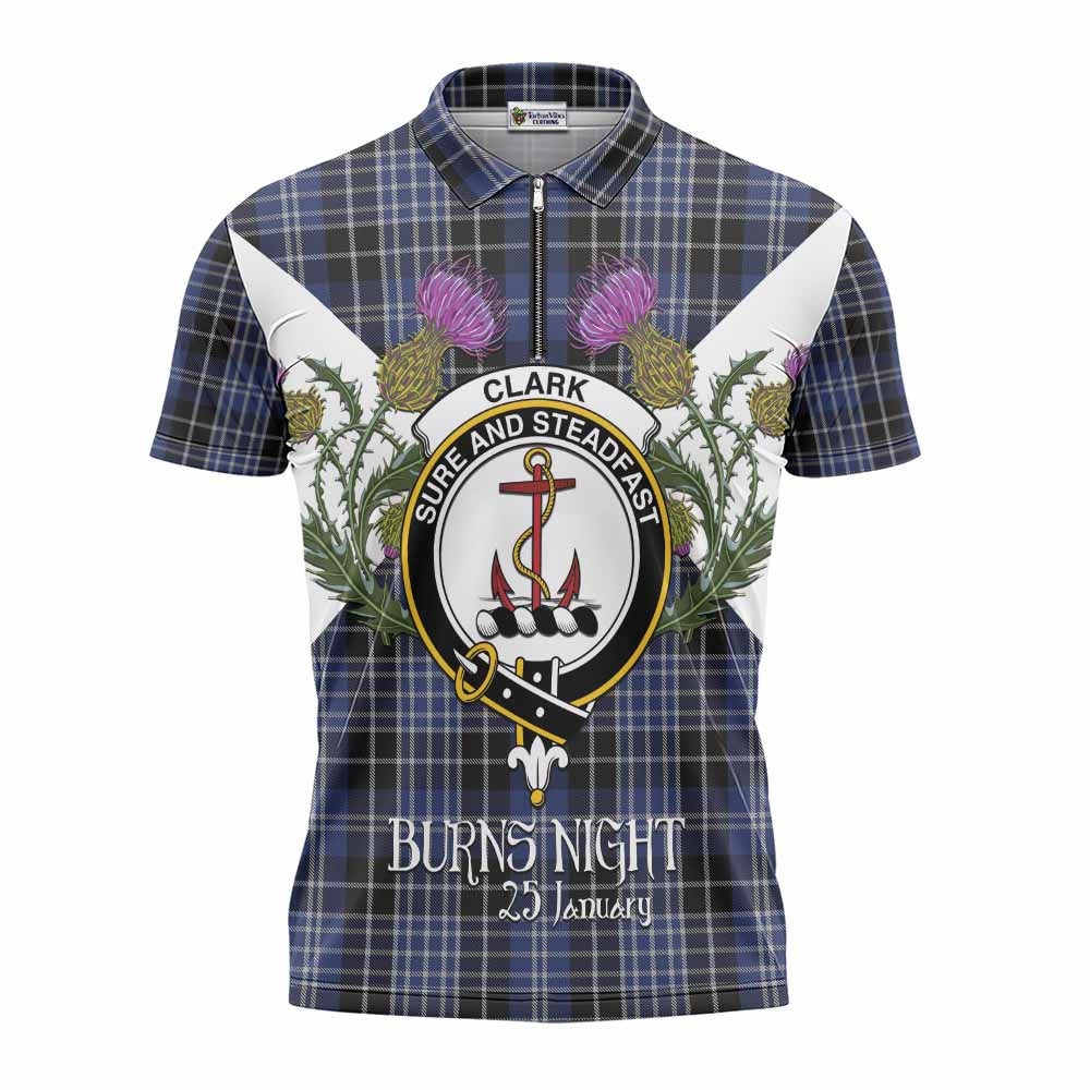 Clark (Clarke) Tartan Family Crest Zipper Polo Shirt Scottish Burns Night Thistle Floral