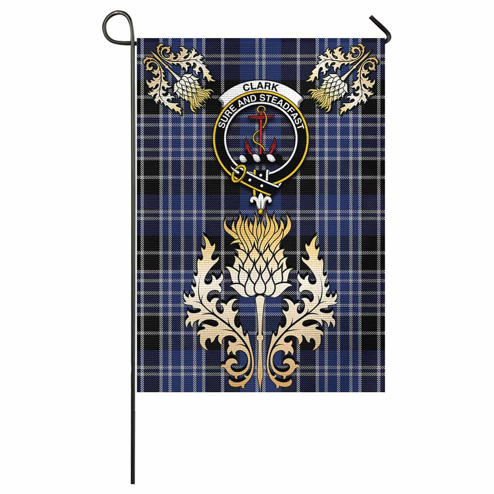Clark (Clarke) Tartan Garden Flag with Golden Regal Scottish Thistle Emblem - Tartan Vibes Clothing